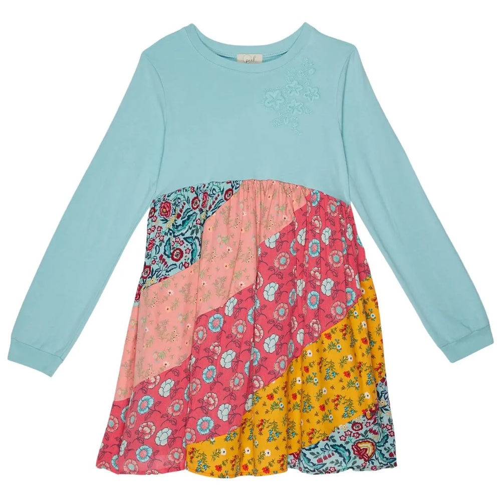 Peek Girls Light Blue and Multicolor Patchwork Dress